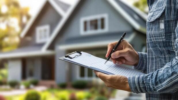 Home inspector writing notes on a clipboard in front of a house
